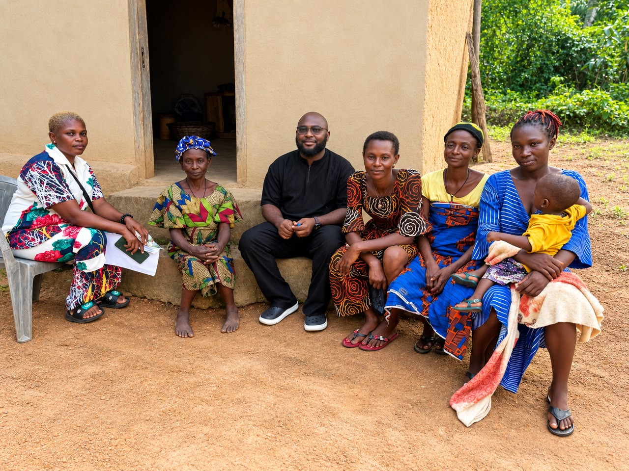 Ikegbunem Ugochukwu seated outdoors with five women, one holding a young child, in front of a house in a rural community.